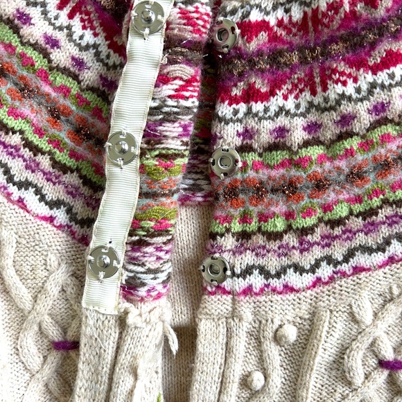 Derhy Cardigan Sweater ¾ Sleeve Hand Embroidered Wool Alpaca Cream Fair Isle - Picture 8 of 11